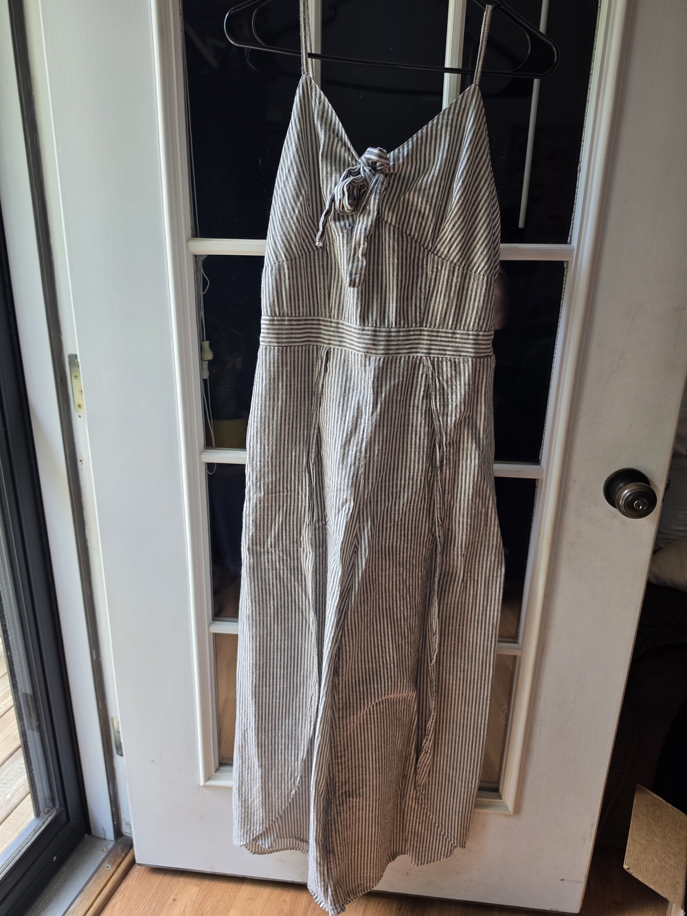 Japna Gray & White Striped Tie-Front Maxi Jumpsuit
